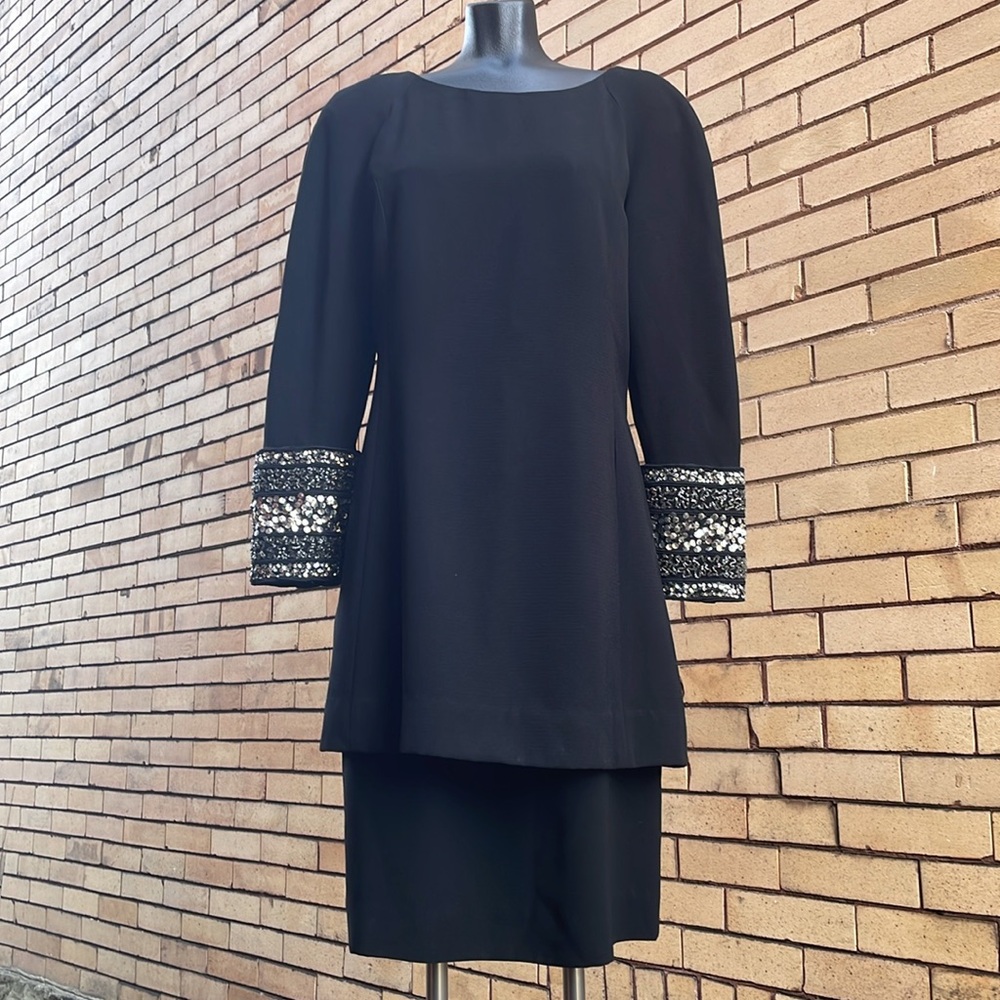 Vintage 90’s Constance Saunders beaded black 2pc tunic dress skirt suit Size 8